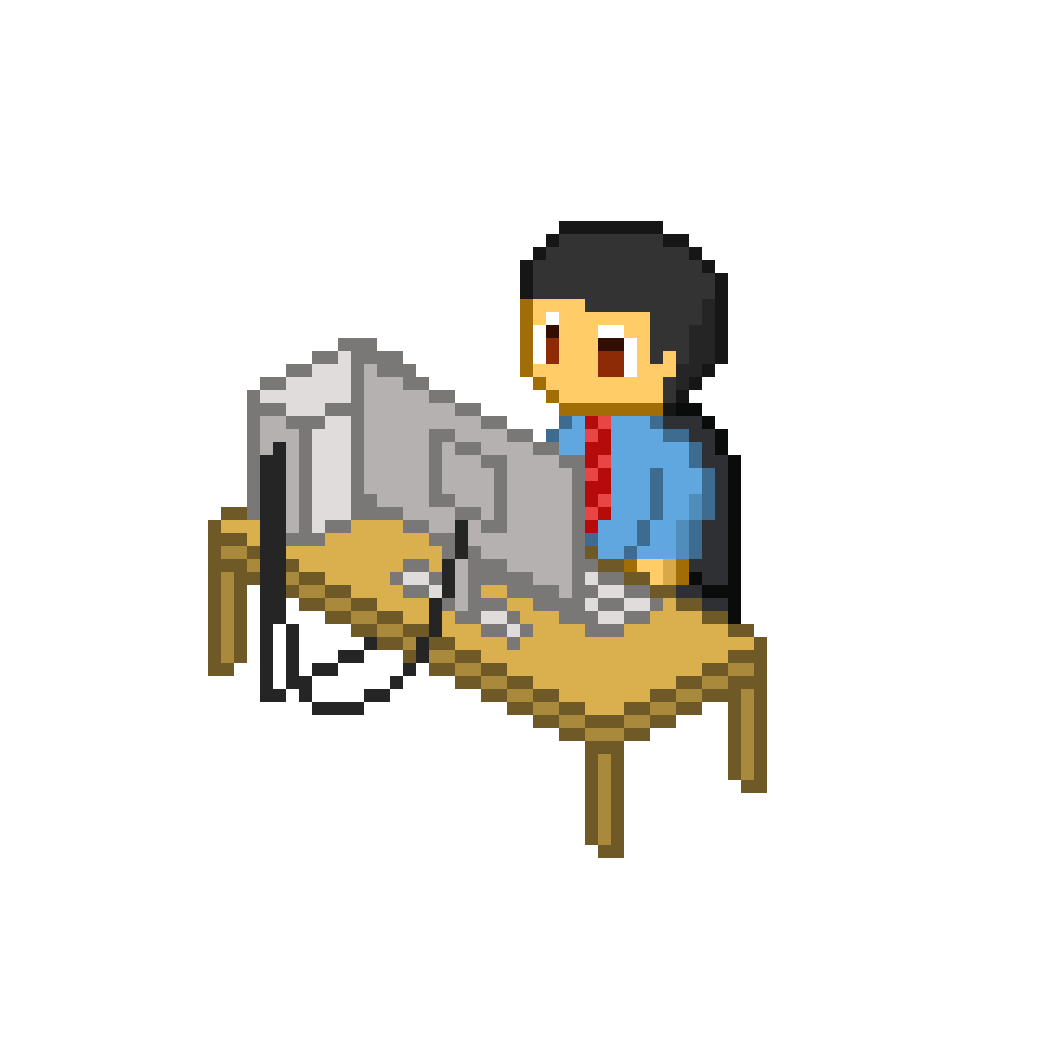 Pixel art of a person at a desk working at a computer